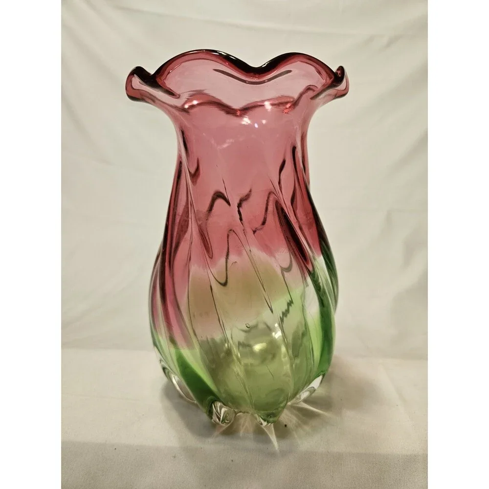 Vintage Hand Blown Teleflora Watermelon Pink Green Swirl Scallop Glass 8